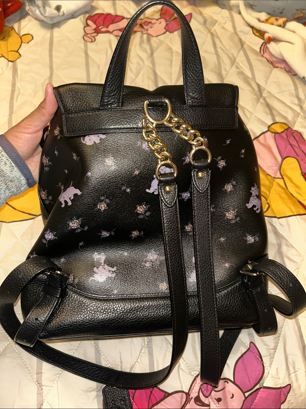 101 Dalmatian Coach Black Leather Backpack with Lavender & Floral Print - Picture 12 of 16